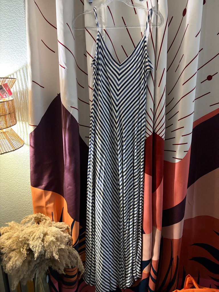Striped V-Neck Spaghetti Strap Maxi Dress In Navy & White